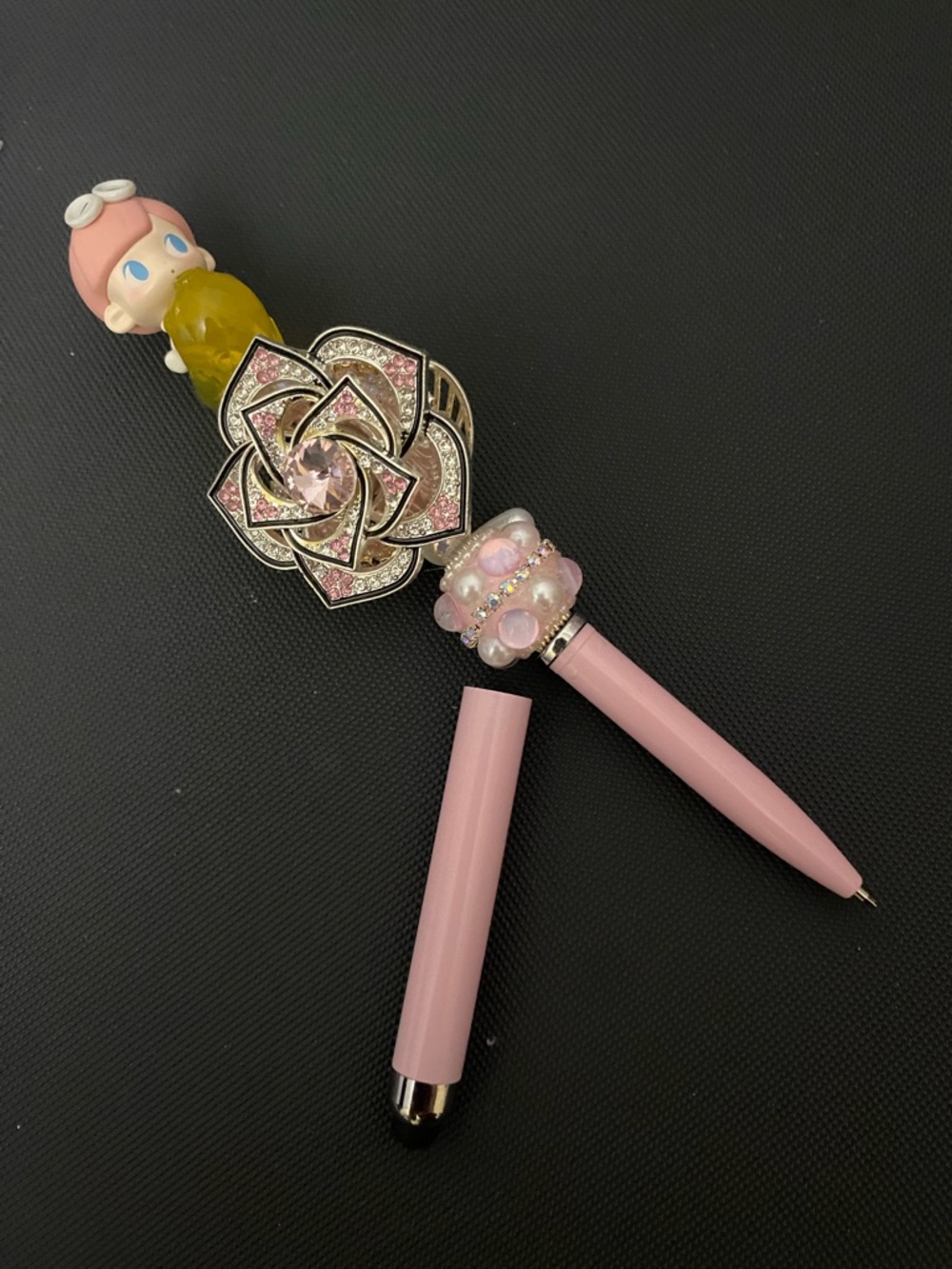Pink Decorative Blossom Crystal Ballpoint Pen with Pop Beans Character